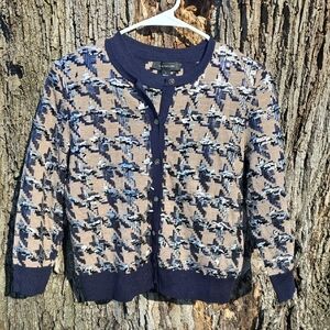 Ann Taylor Navy and Beige Houndstooth Knit Cardigan